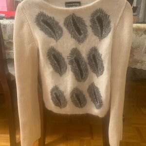 Sonia Rykiel Ivory and Charcoal Feather Motif Sweater